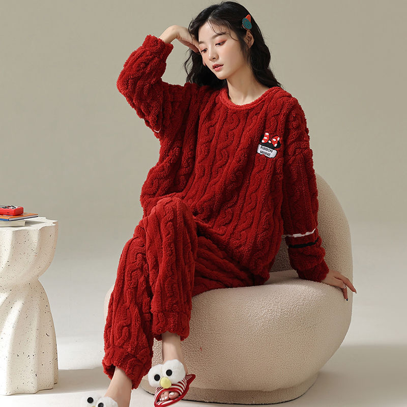 珊瑚绒睡衣女秋冬季圆领加绒加厚保暖大红喜庆可外穿家居服两件套