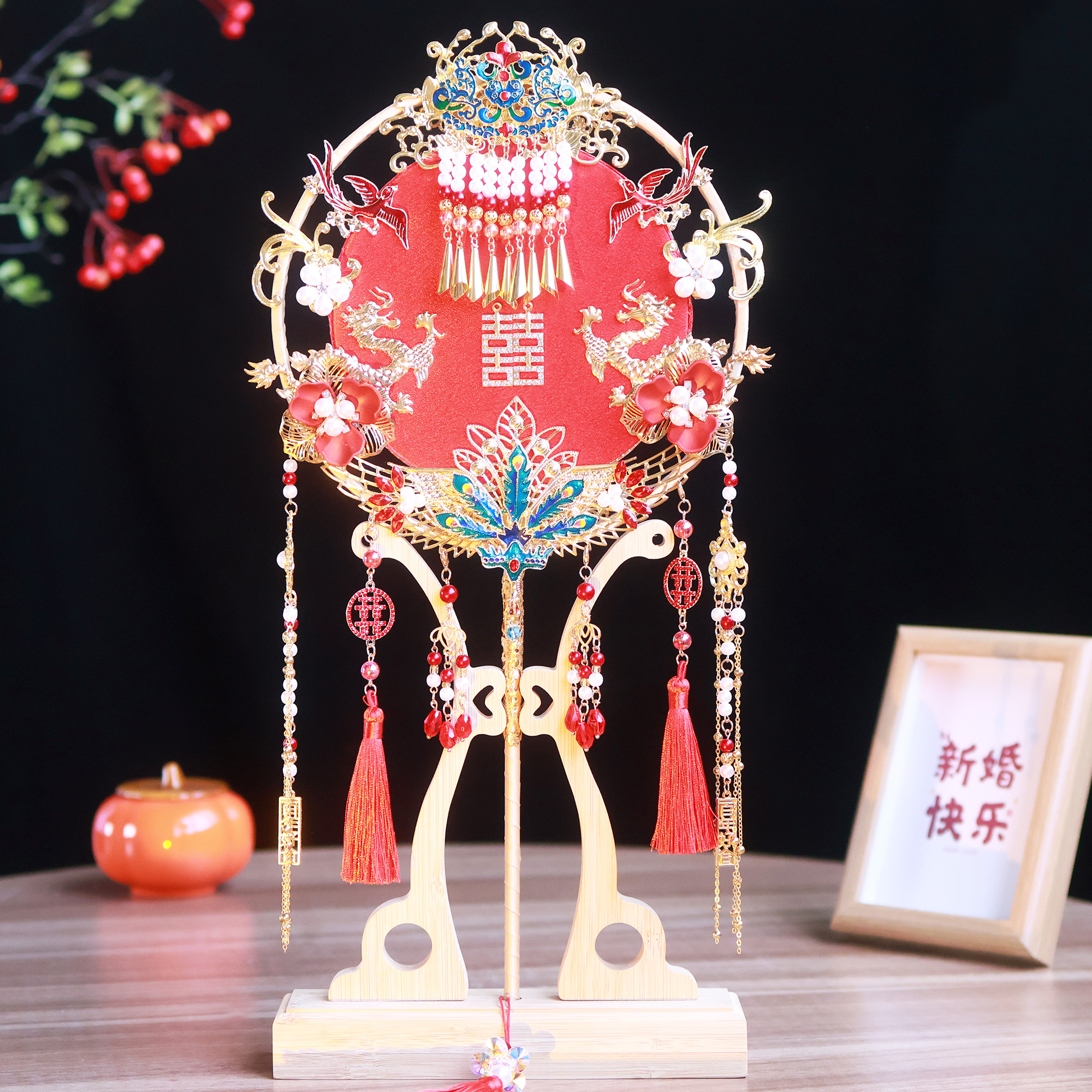 中国古风新娘结婚婚礼双面喜扇秀禾服手持遮面diy材料包和成品扇