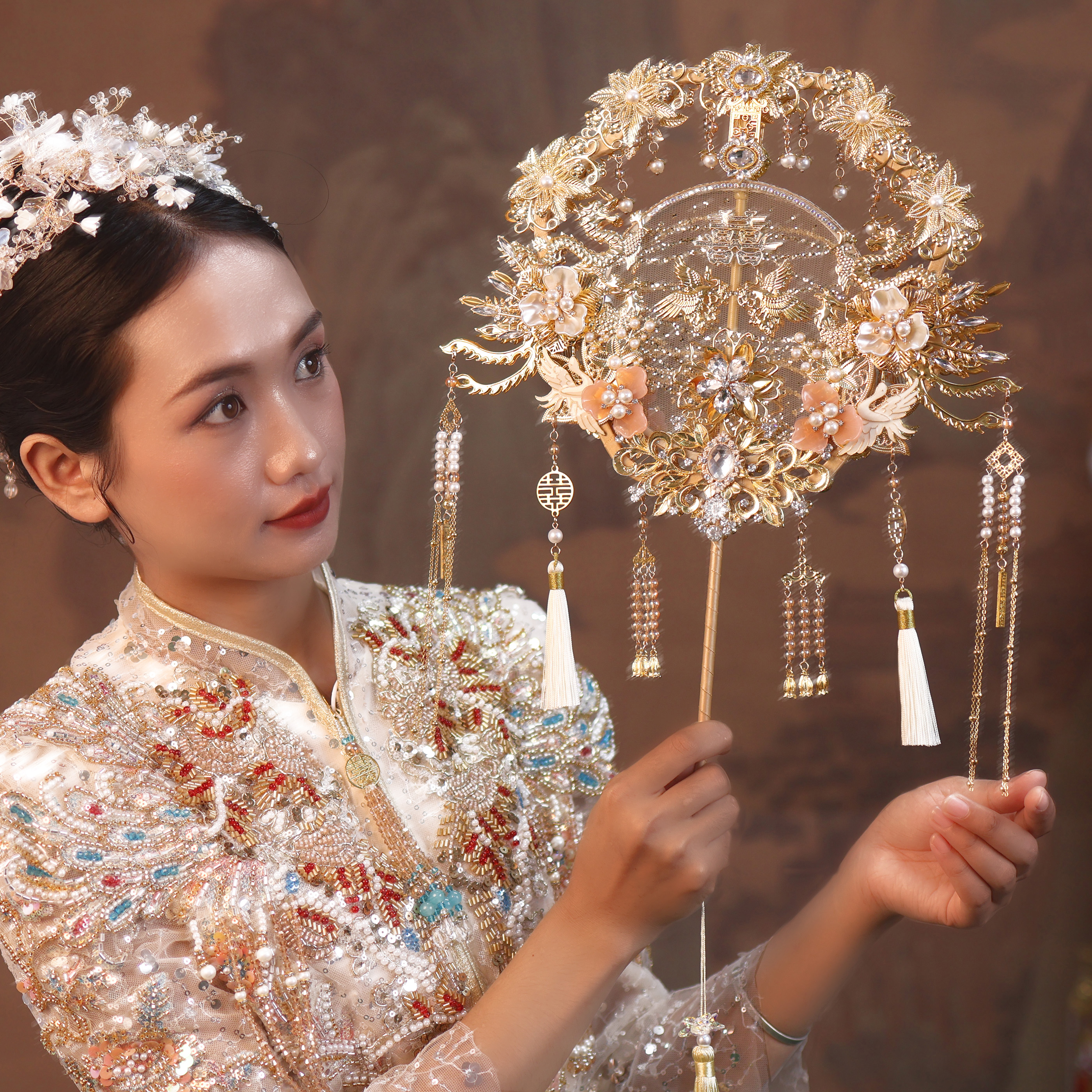 中式新娘结婚婚礼香槟色双面喜扇秀禾服手持遮面DIY材料包成品扇