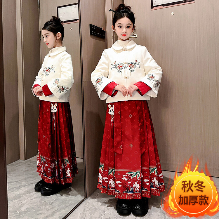 女童拜年服中国风汉服唐装2023新款中大童国潮加绒加棉马面裙套装