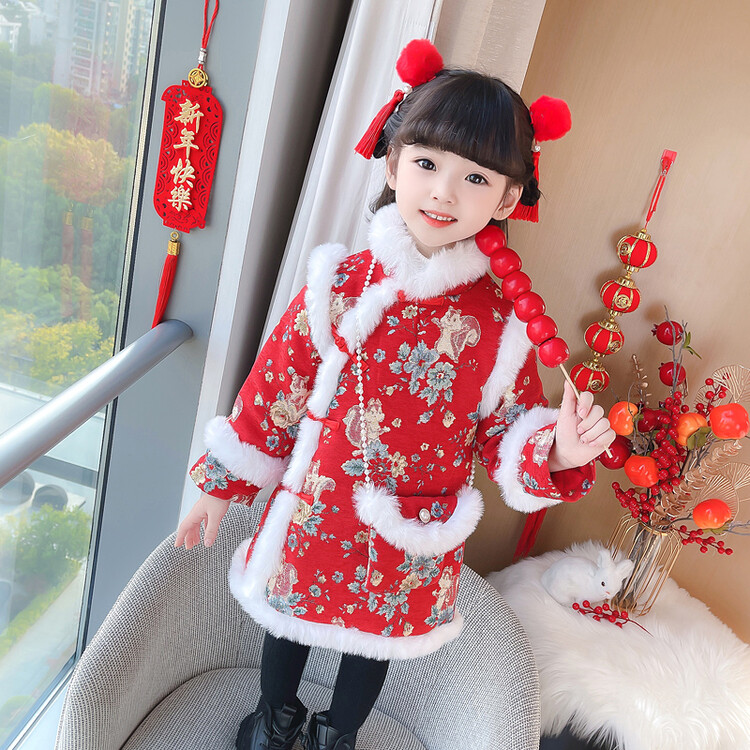 女童冬季加绒拜年服儿童新款加厚唐装宝宝洋气中国风新年喜庆旗袍