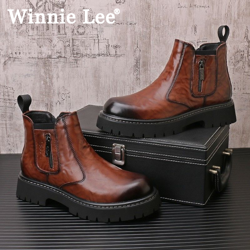 Winnie Lee黑色高帮皮靴韩版潮流切尔西靴新款休闲短靴男士马丁靴