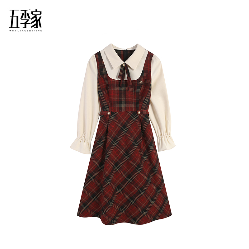 大码胖妹妹显瘦秋冬红色假两件格子秋冬加厚裙子连衣裙ZL54134