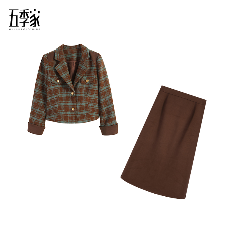 大码胖妹秋文艺格子显瘦上衣咖色遮肉半身裙两件套五季家ZL99913