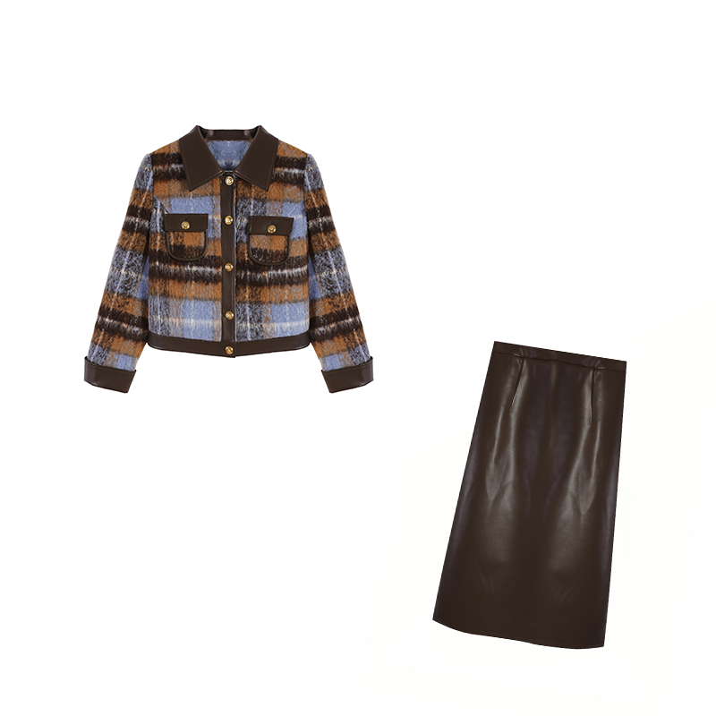 蓝咖格上衣皮裙两件套ZL100643