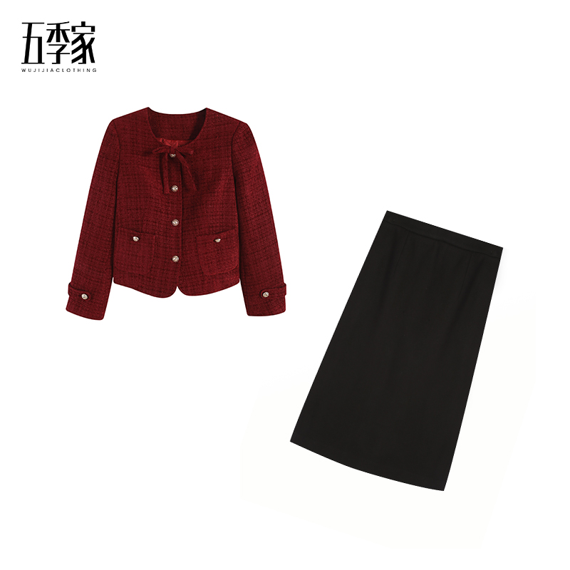 红色上衣+黑色呢料长半裙两件套ZL101933
