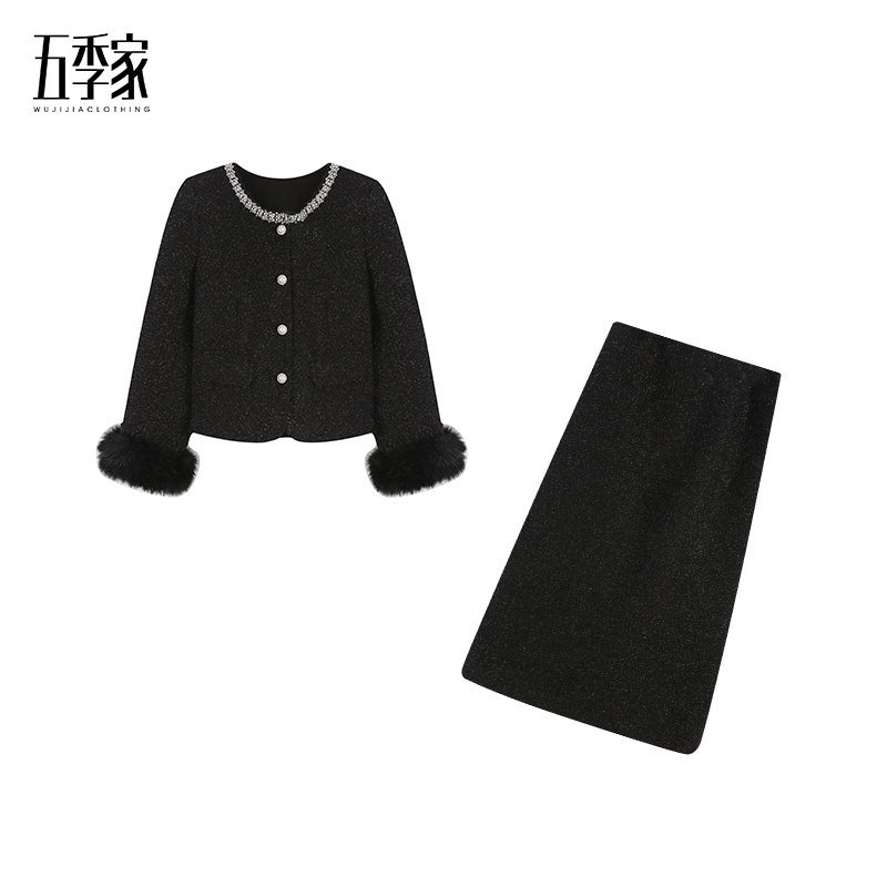 【大码显瘦】冬季时尚气质细闪加厚钉珠上衣半身裙两件套ZL101250