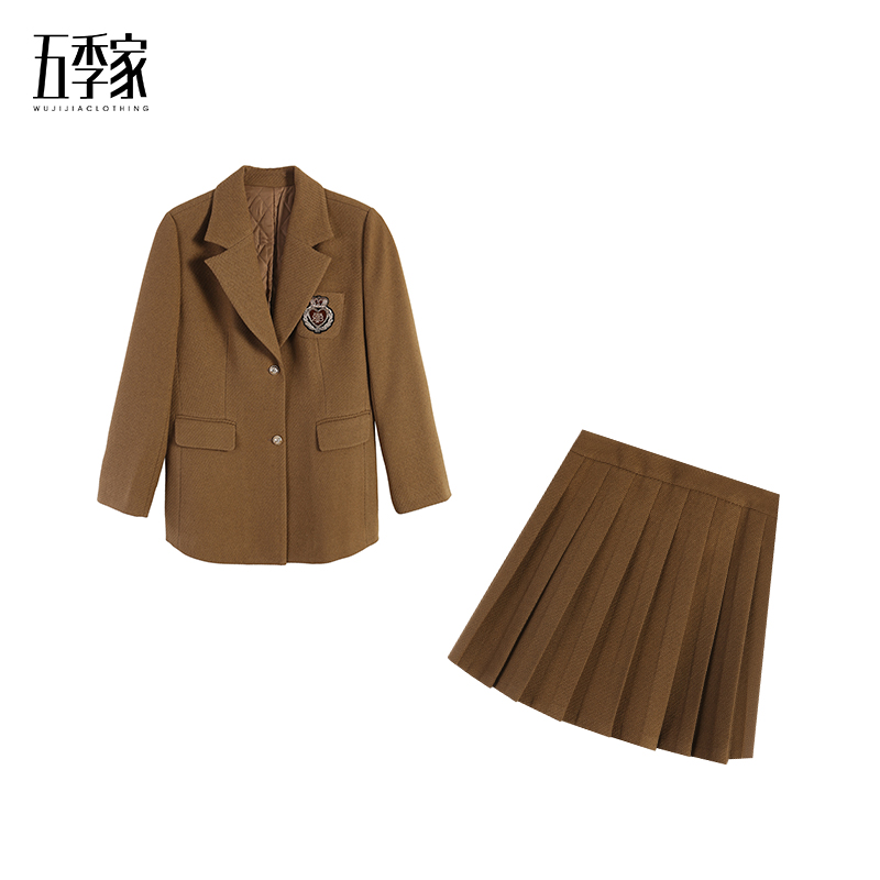 五季家大码学院风减龄西装呢外套冬季加厚显瘦遮肉百褶裙ZL100620