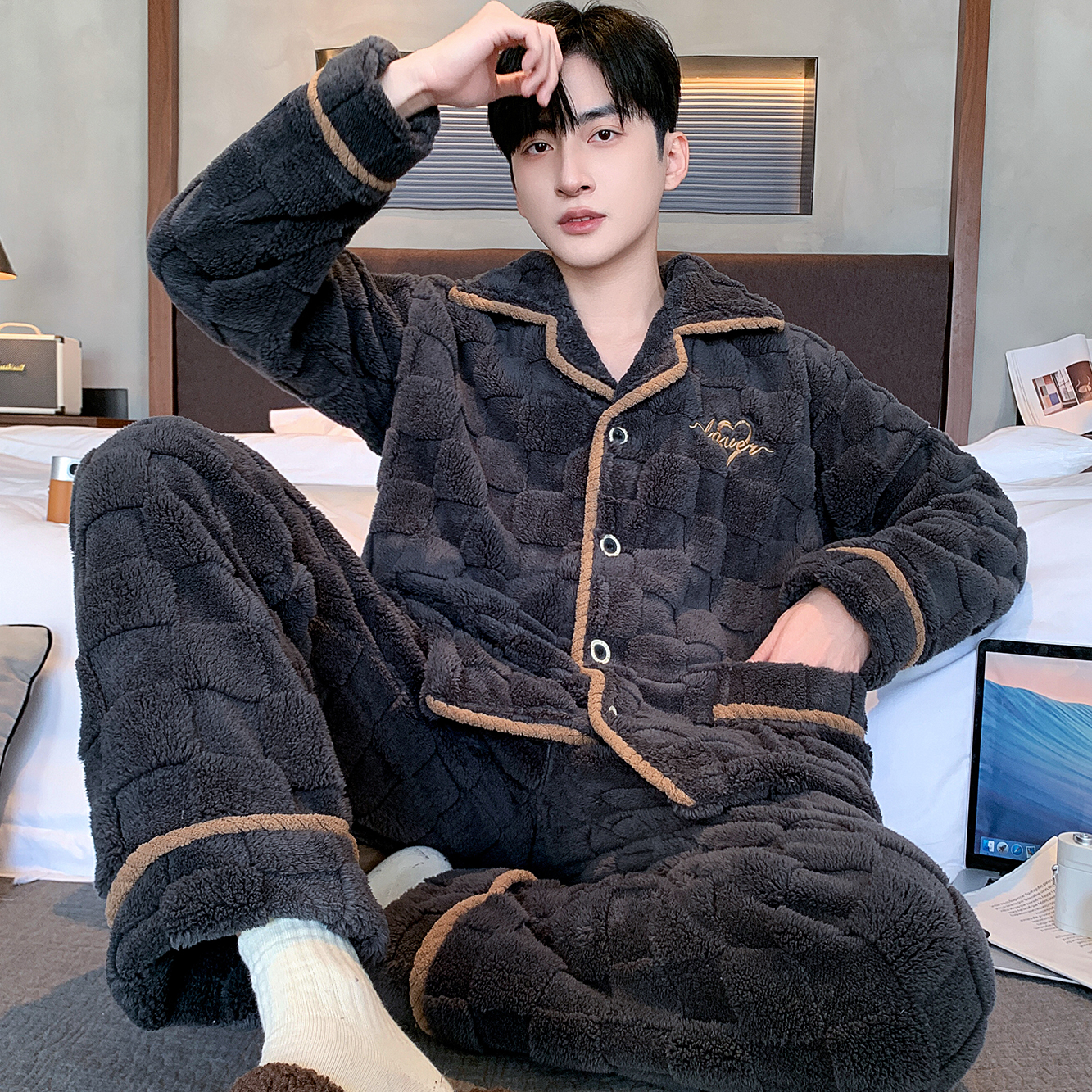 【软糯肤感】法兰绒秋冬天男休闲大码可外穿家居服睡衣套装珊瑚绒