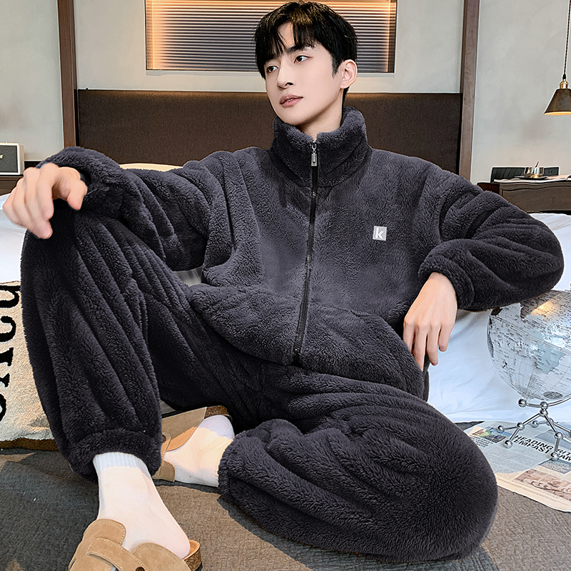 冬季法兰绒睡衣套装雪花绒家居服珊瑚绒可外穿大码宽松暖绒男士冬