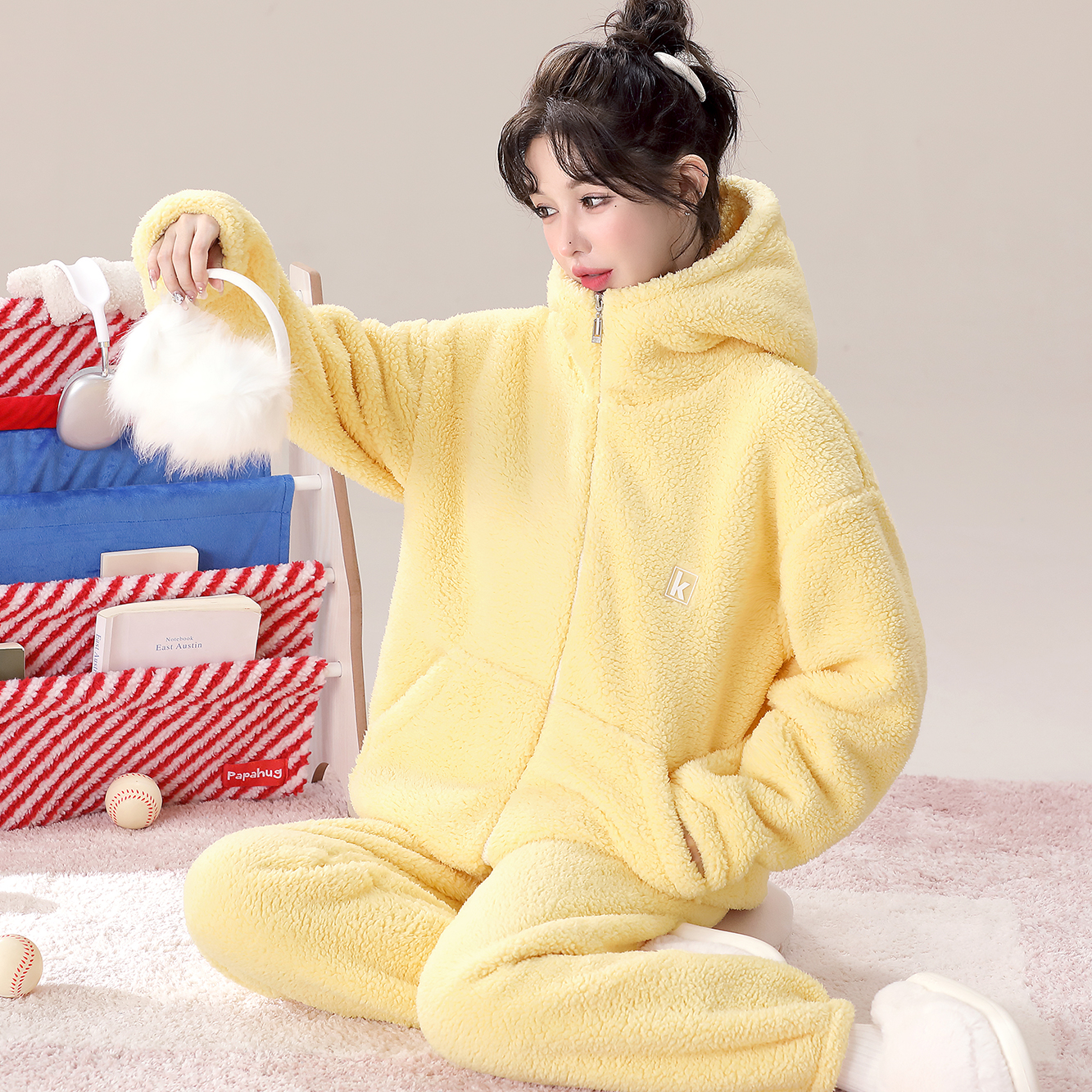 【奶酪黄】可外穿女士睡衣毛绒家居服秋冬甜美可爱连帽学生加绒保暖