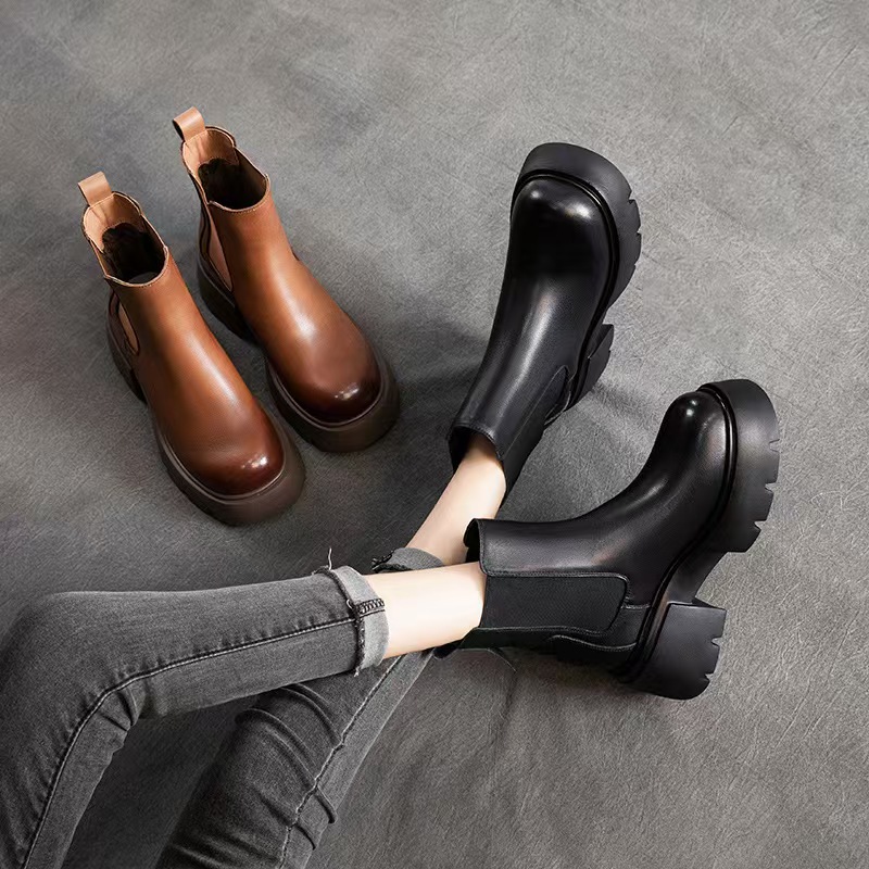 头层牛皮烟筒靴女2025冬新款切尔西女靴一脚蹬马丁靴真皮厚底短靴