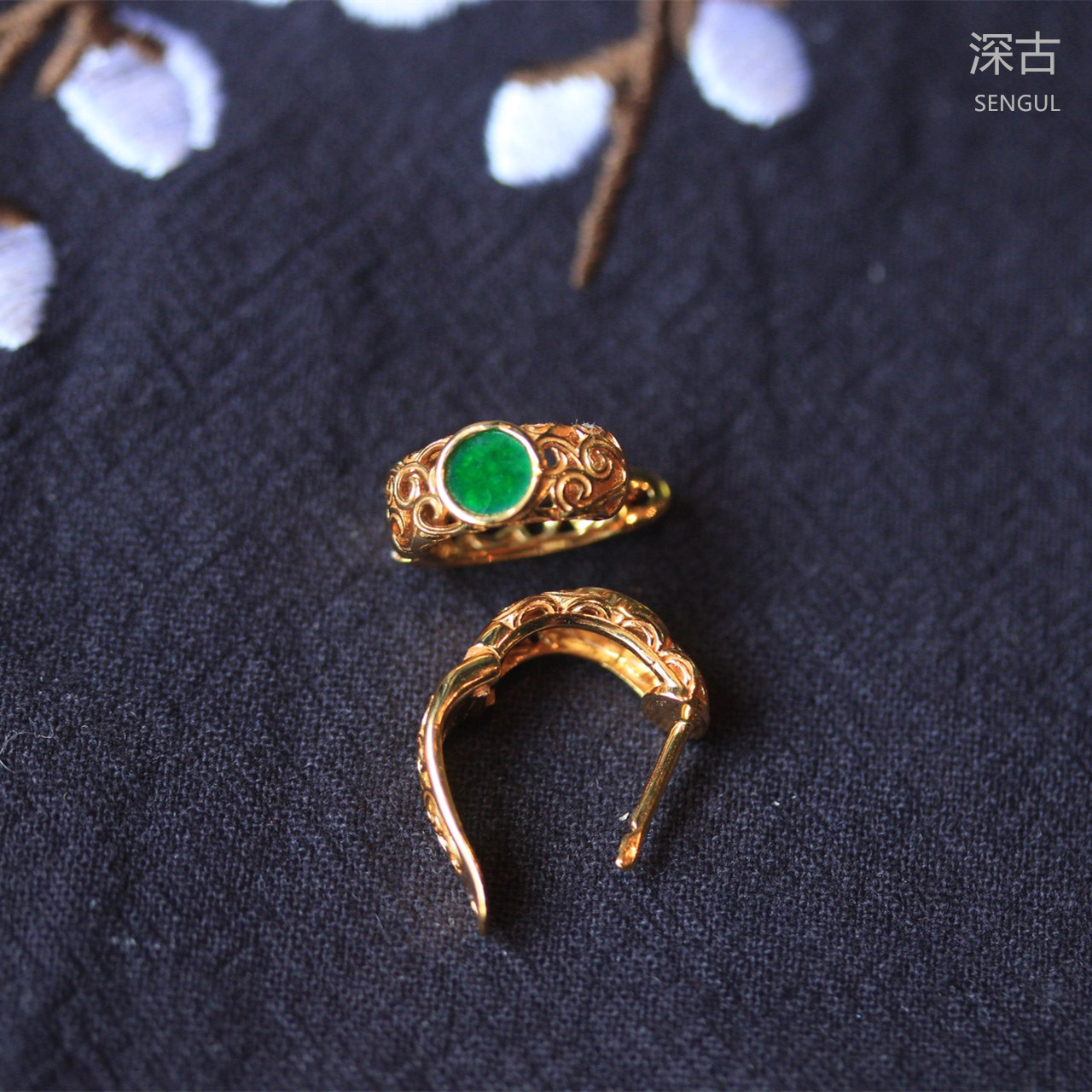 【深古推荐】天然缅甸A货翡翠耳扣 S925银镶嵌复古宫廷风耳环