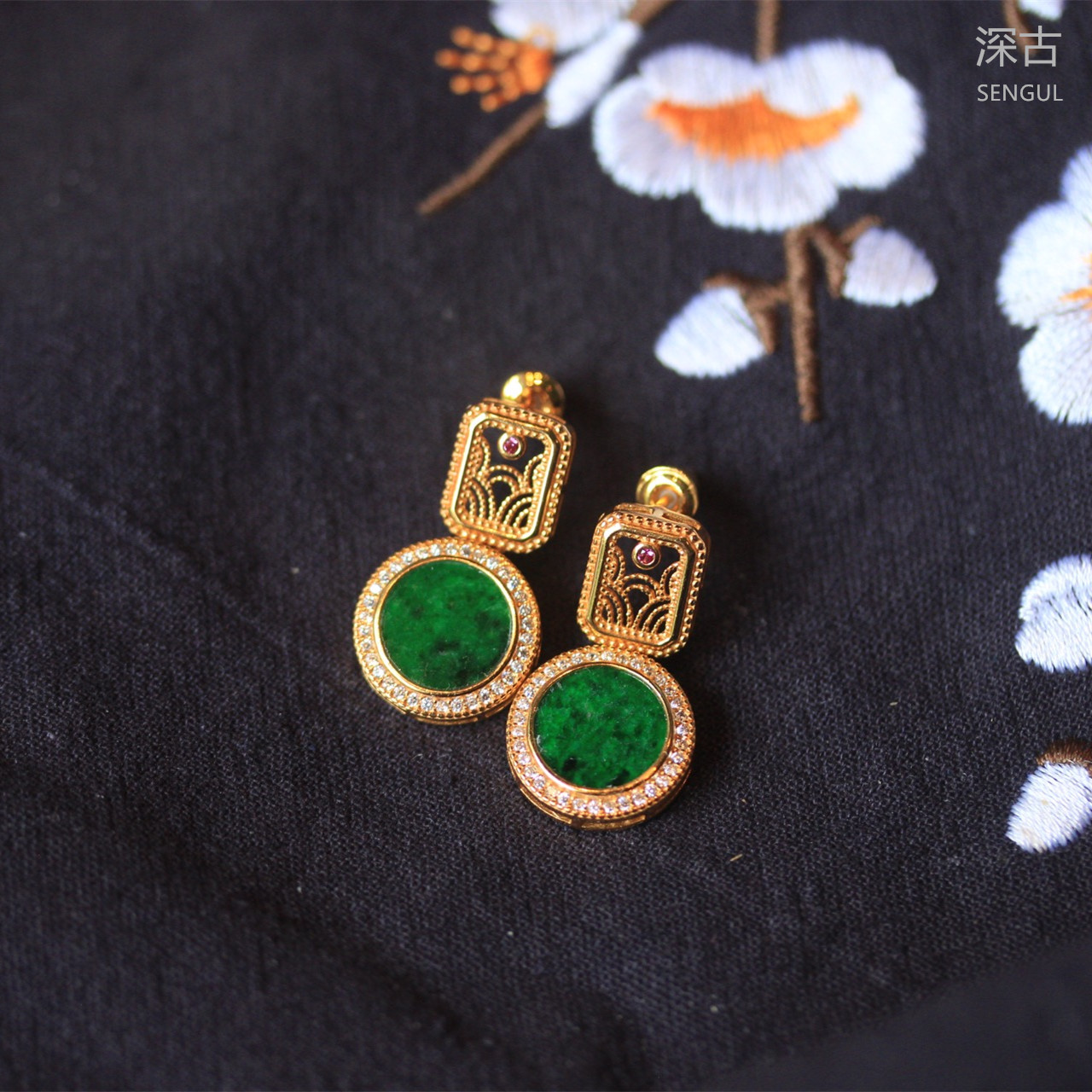 【深古推荐】天然缅甸A货翡翠耳坠 S925银新中式波纹设计款