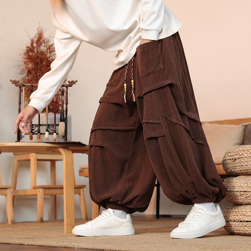 灯笼裤男秋冬季中国风男裤子小众设计感褶皱不规则宽松阔腿哈伦裤