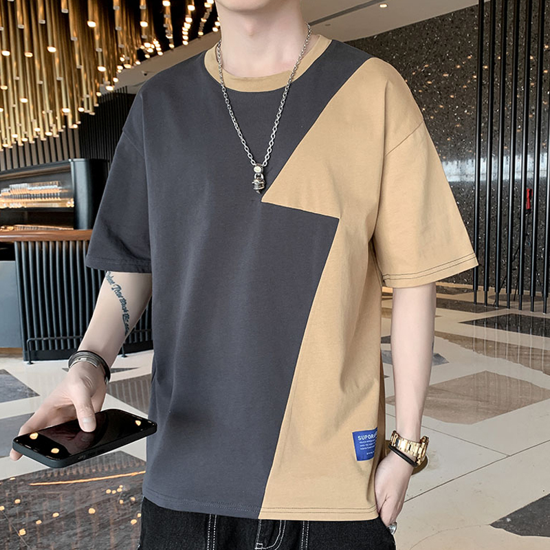 休闲男士潮牌拼接短袖港风薄款2024新款潮流百搭时尚简约半袖体恤