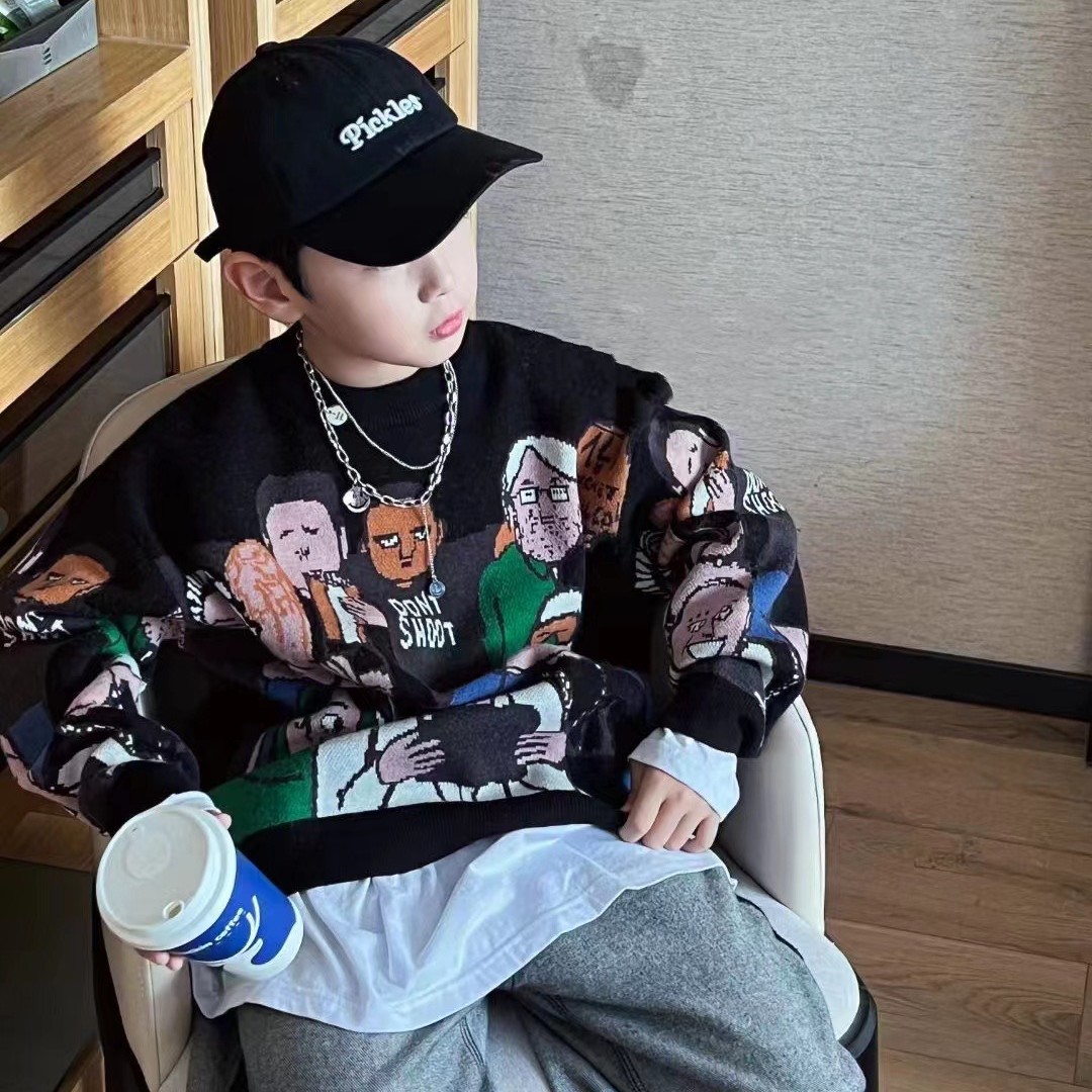 洛凡儿童男童宽松潮流中大童圆领时尚长袖秋季加绒秋冬儿童节