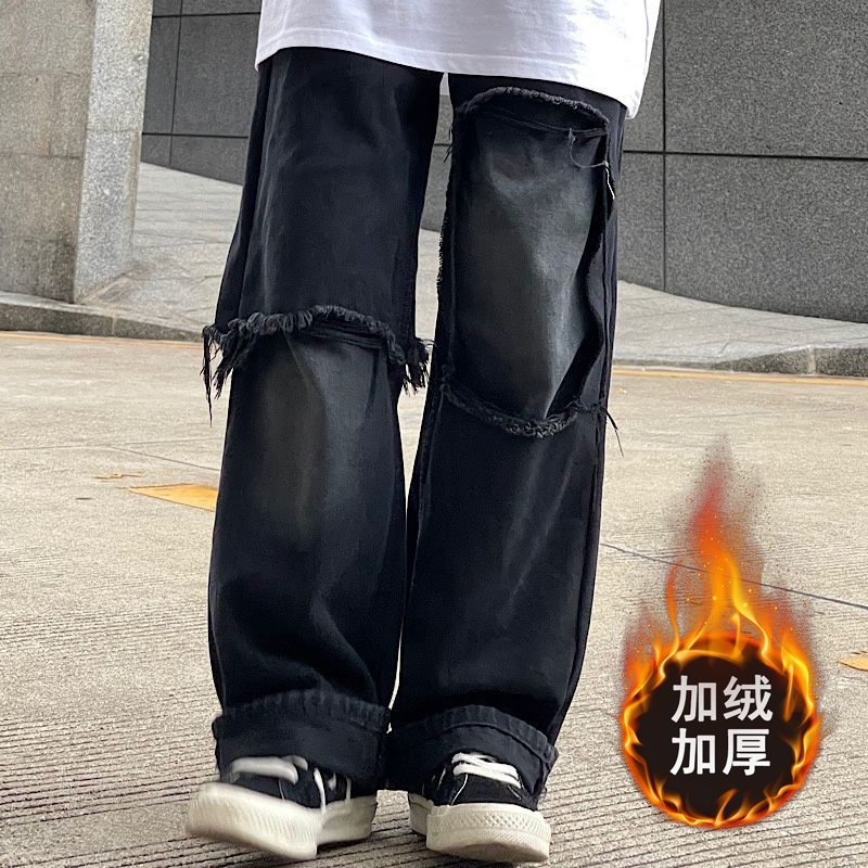 美式复古黑色破洞牛仔裤男设计感毛边直筒裤子高街潮牌宽松阔腿裤