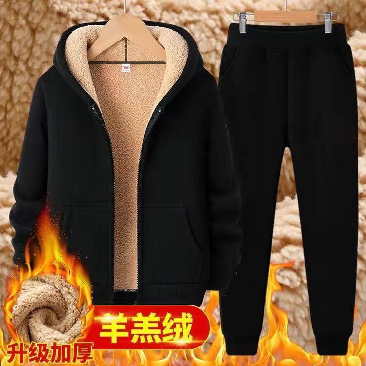 羊羔绒加绒加厚套装冬季男士干活保暖二件套拉链卫衣束脚裤1/2件
