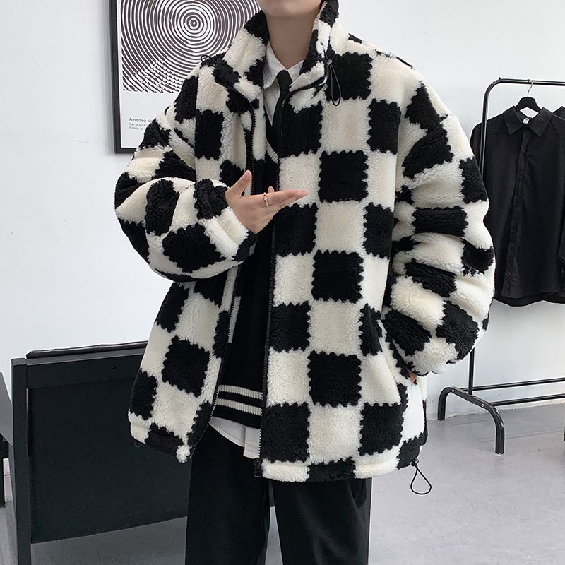 外套男冬季加加厚棋盘格潮牌港风服仿羊羔绒美式复古立领衣