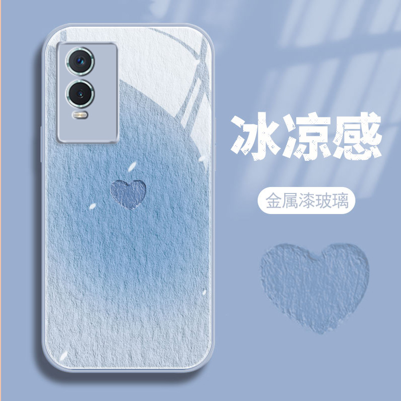 VIVOY76S手机壳全包防摔油画爱心玻璃壳简约个性创意女新款保护套