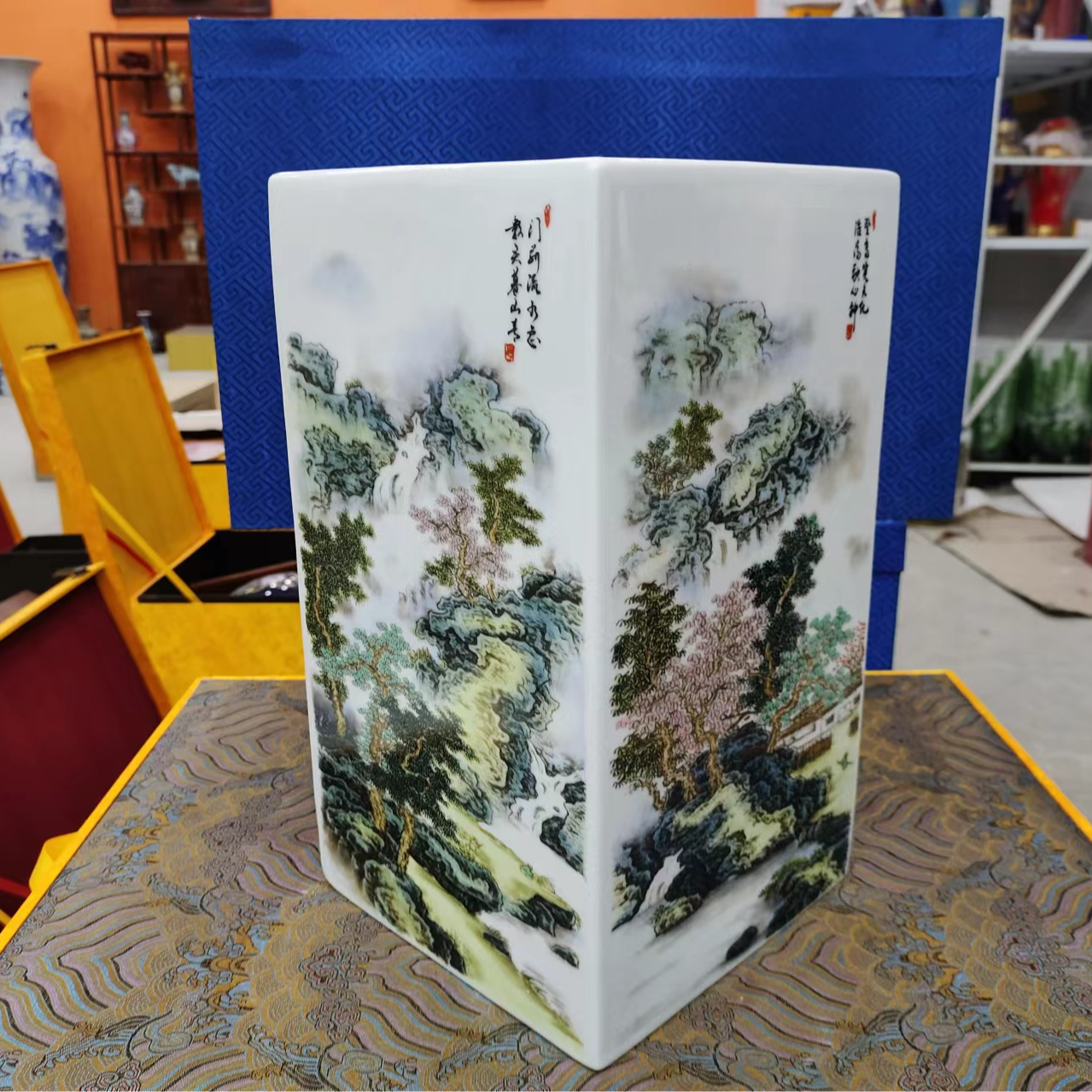 鸿轩景德镇陶瓷客厅玄关新中式家居摆件山水四方器
