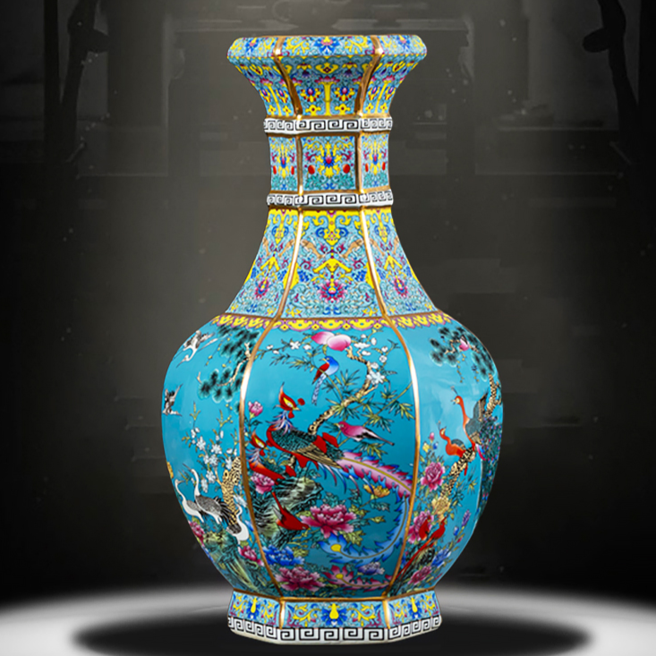 景德镇陶瓷摆件珐琅彩大号天蓝色六方瓶