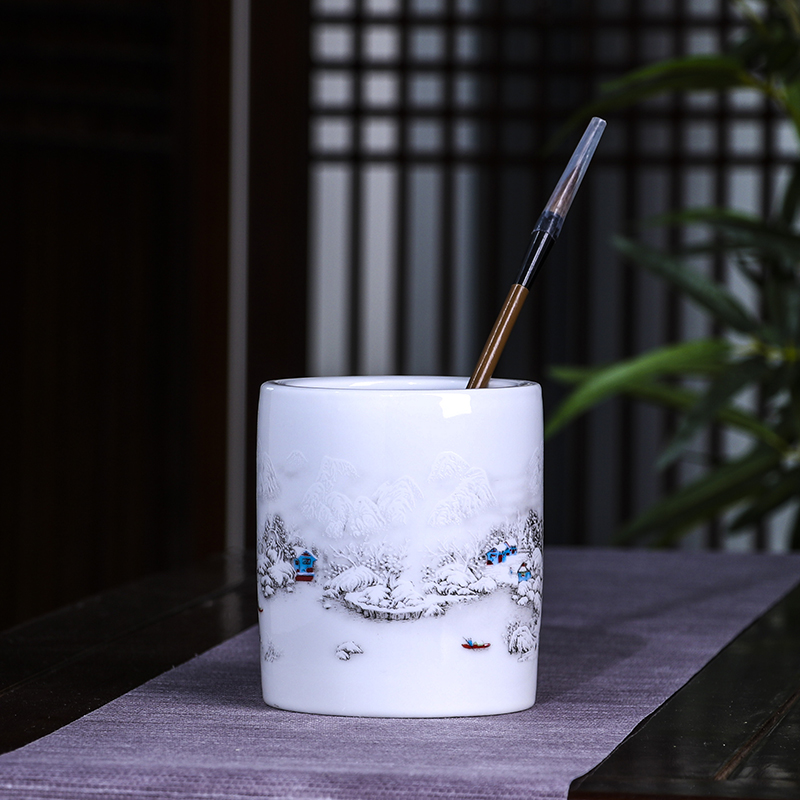 鸿轩景德镇陶瓷器雪景笔筒踏雪访友办公桌书桌摆件