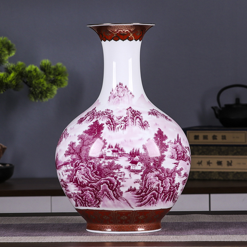 鸿轩景德镇陶瓷客厅玄关博古架摆件江山万里红山水赏瓶