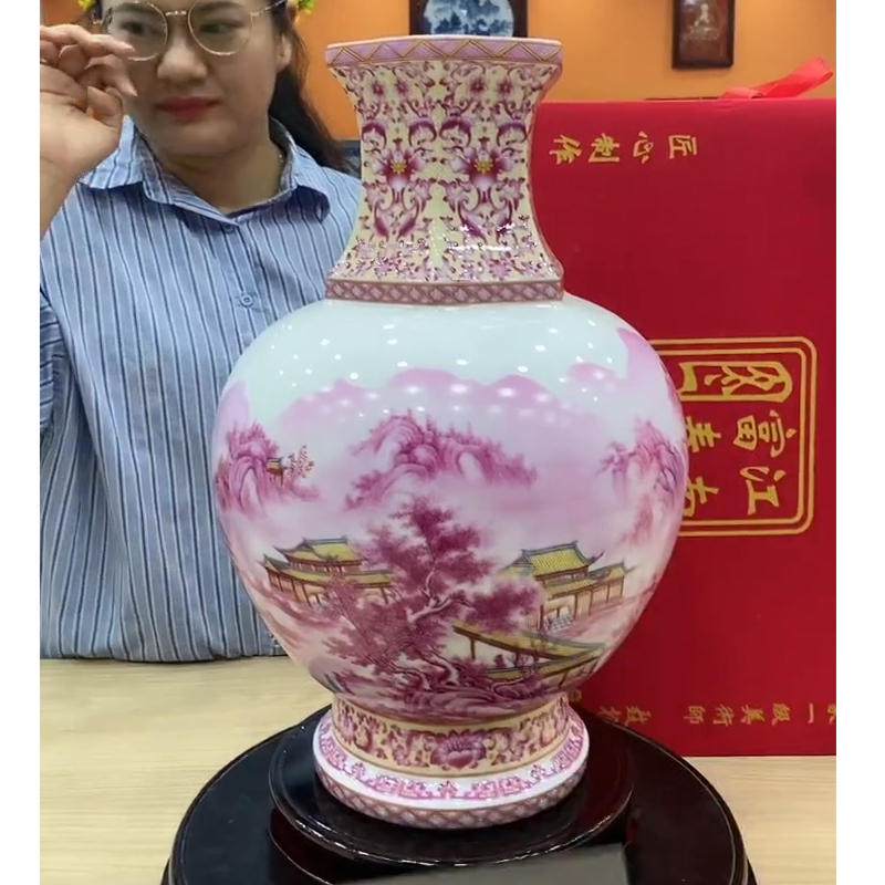 景德镇陶瓷客厅博古架新中式摆件聂根富玛瑙红江南富春六合尊