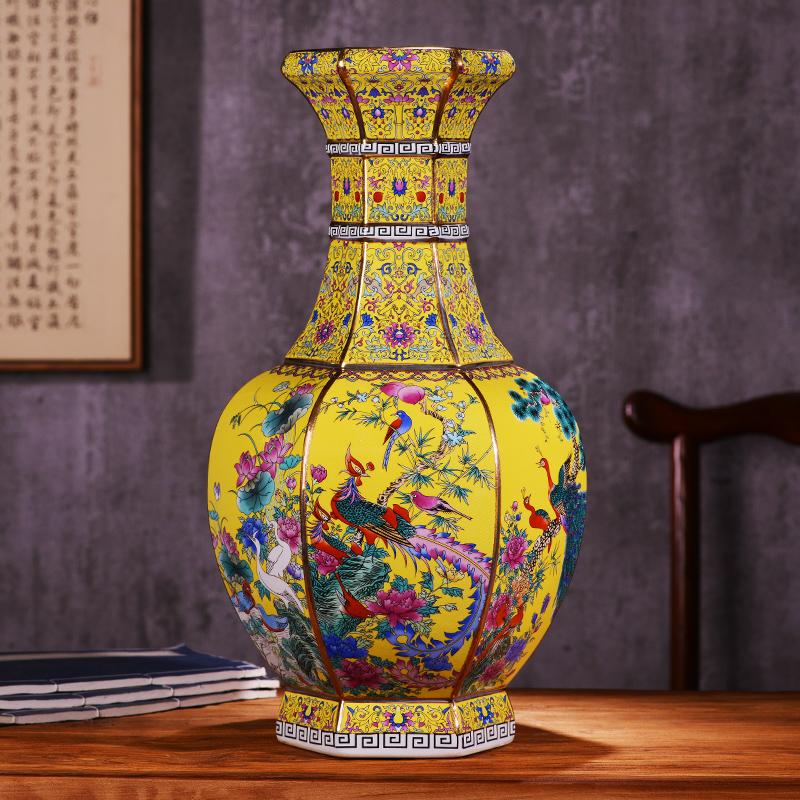 景德镇陶瓷器落地大花瓶珐琅彩中式客厅家居摆件大号黄色六方瓶