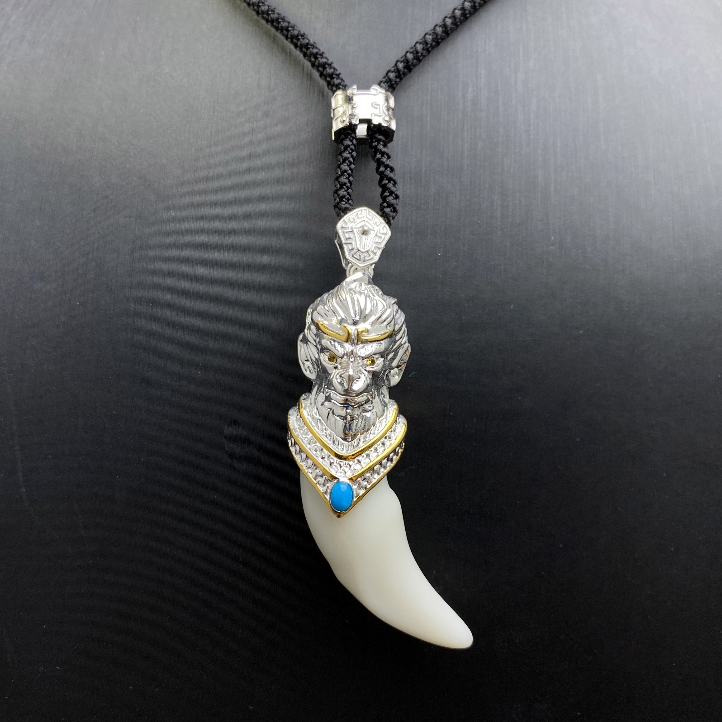 玉狼牙 大圣亮面款 925银镶 手工时尚复古创意个性和田玉吊坠