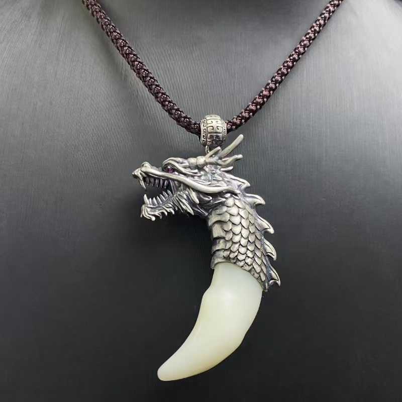 玉狼牙 龙款 925银镶嵌 手工创意个性复古时尚百搭和田玉吊坠