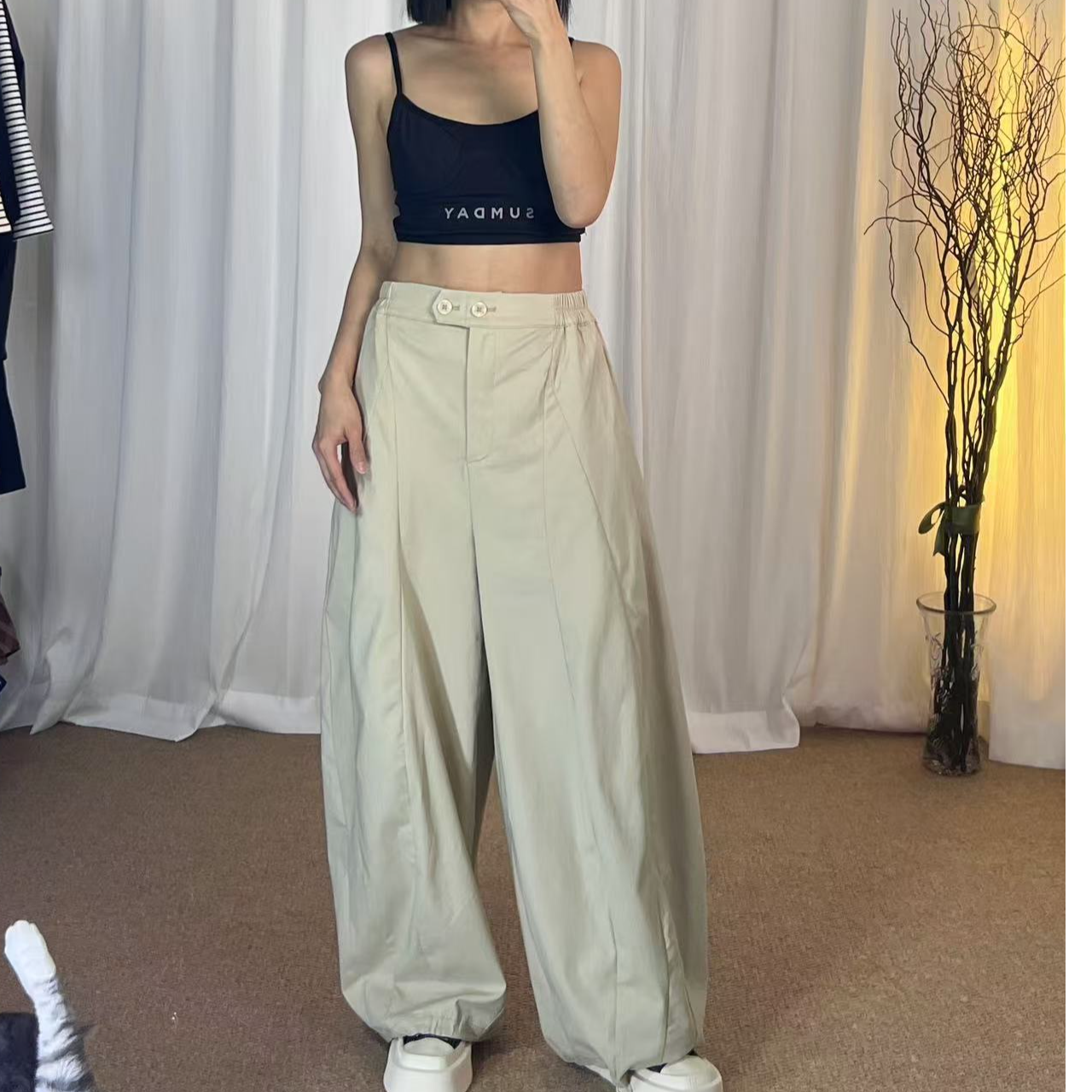 气质显瘦高腰休闲裤女简约时尚松紧腰阔腿裤可收脚