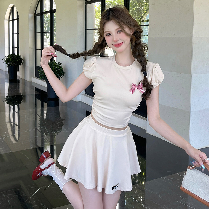 ISTYNI官方店蝴蝶结系带上衣半裙两件套泡泡袖短袖T恤套装女夏季