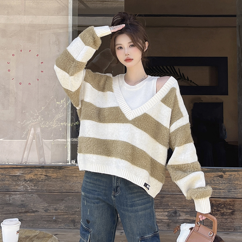 ISTYNI/卿苔官方店条纹两件套针织毛衣V领宽松慵懒上衣女2023秋冬