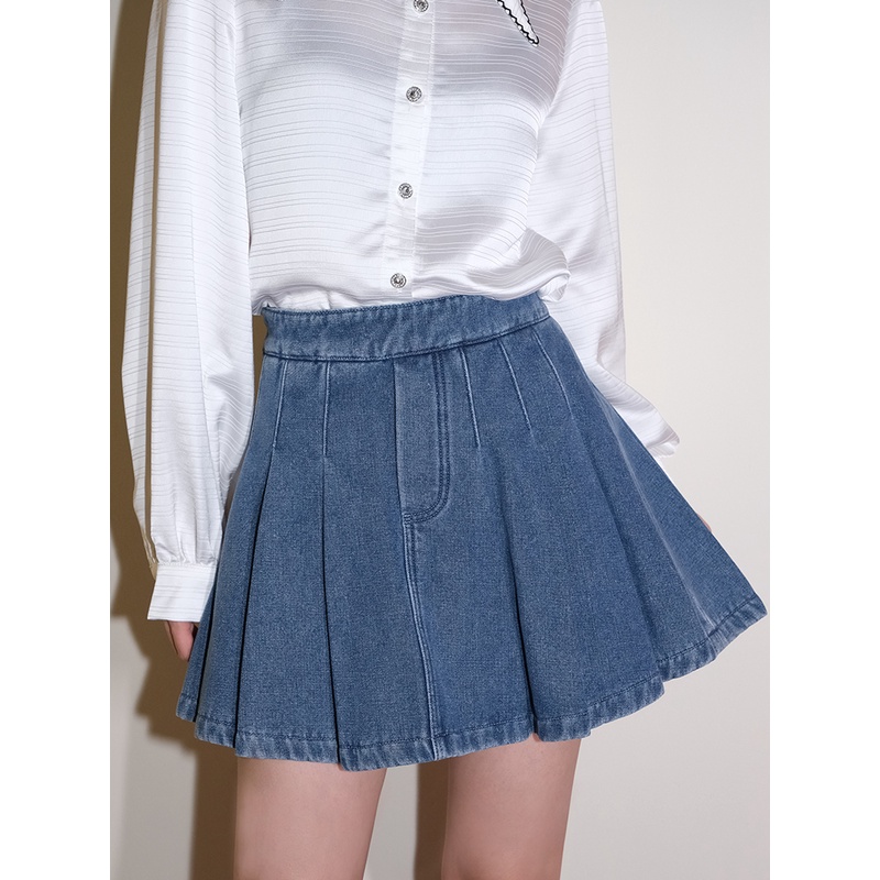 ISTYNI加绒牛仔百褶裙高腰显瘦百搭半身裙女秋冬季款