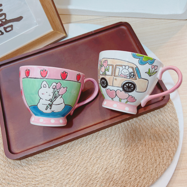 手绘浮雕兔子粉色早餐杯陶瓷釉下彩