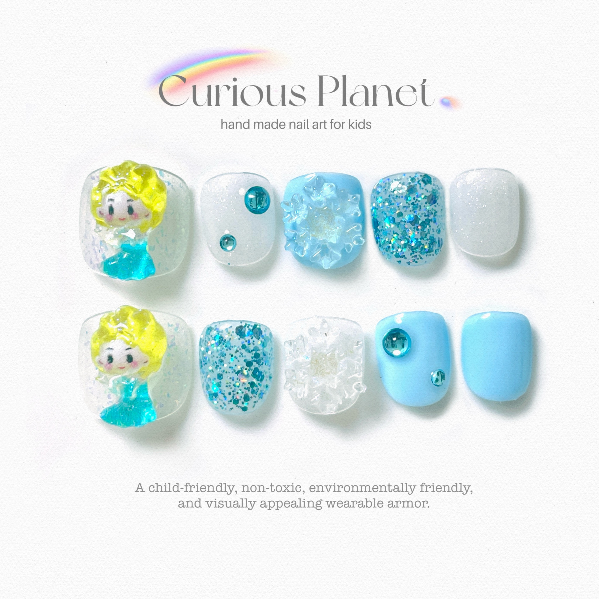 艾莎公主穿戴甲小孩手工穿戴式短款蓝色指甲卡通可爱美甲节日礼物