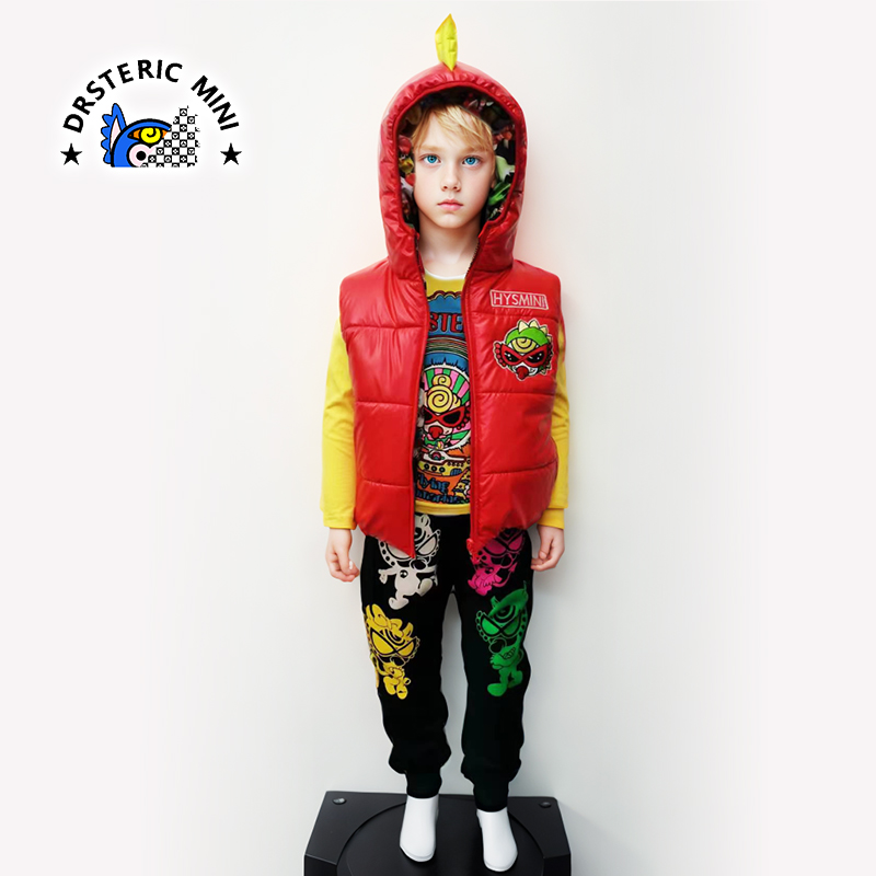 潮牌两面穿棉马甲亮面恐龙刺绣保暖马甲个性立体印花简约儿童马甲