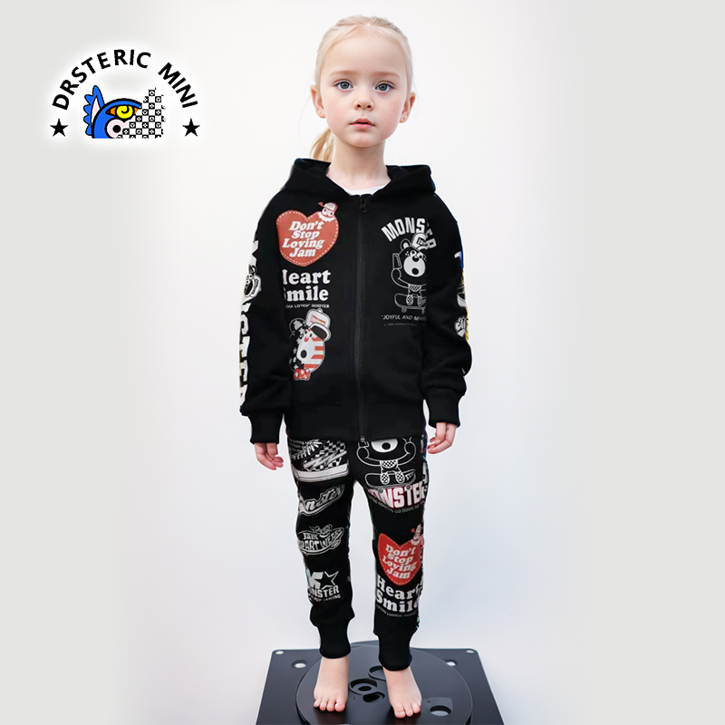 男女儿童全棉印花毛圈外套潮牌休闲帅气套装时尚卫裤个性上衣衫
