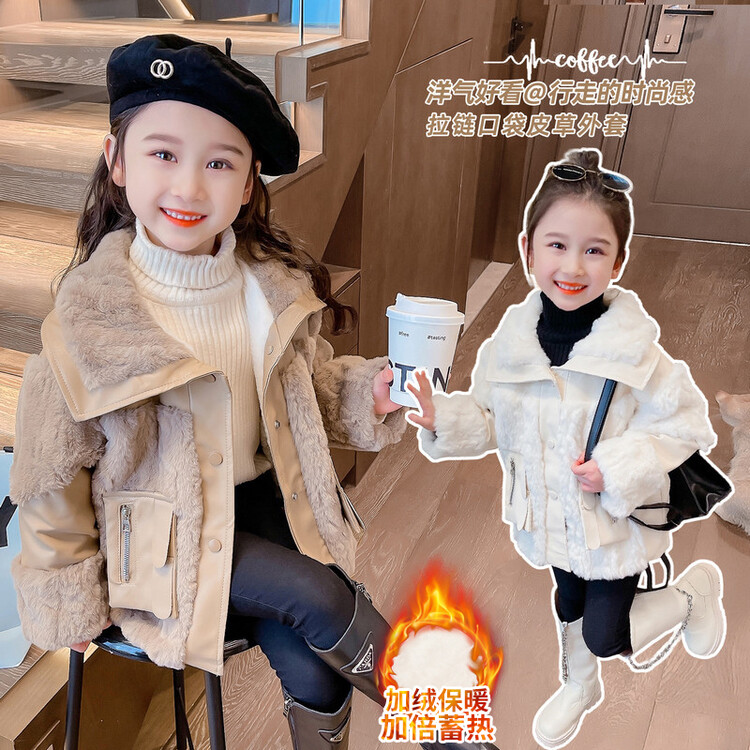 女童派克服2023新款冬装儿童洋气毛领皮衣中大童秋冬加绒加厚外套