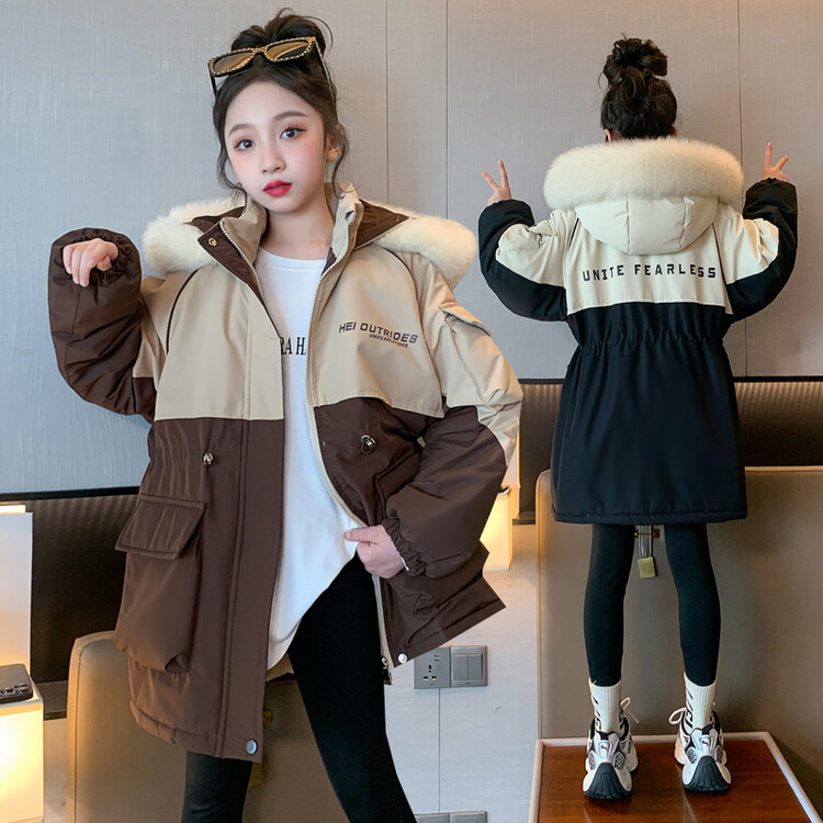 女童加绒派克服外套秋冬加厚兔毛2023新款大童儿童洋气中长款上衣