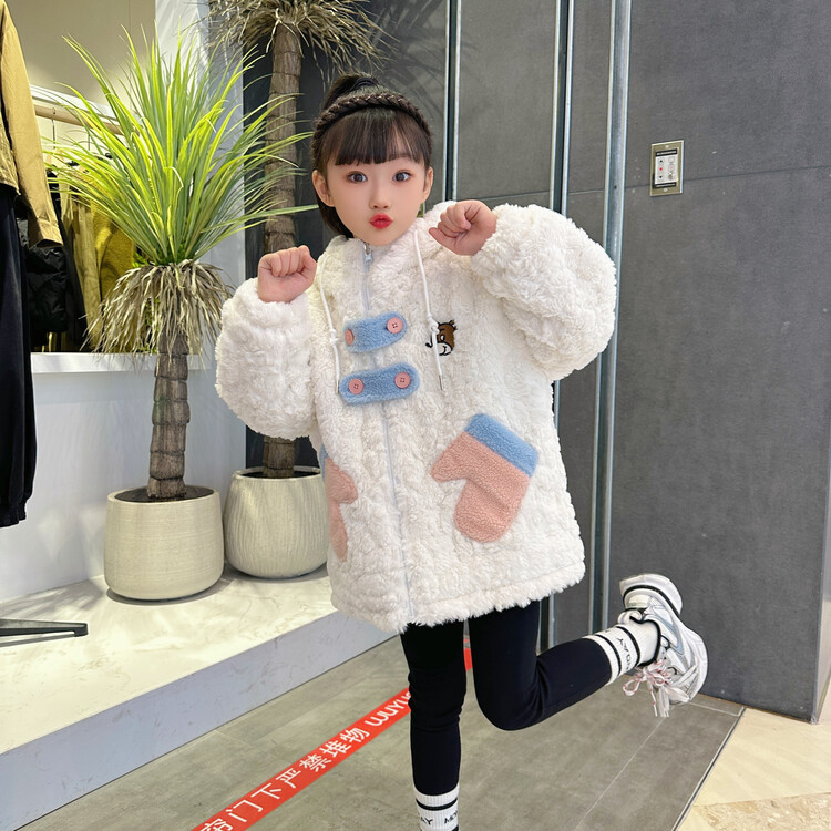 女童加绒加厚外套小女孩保暖连帽上衣2023冬季中大童两面穿毛毛衣