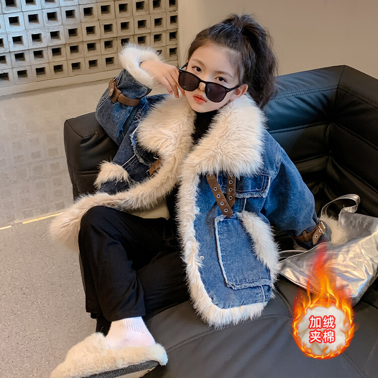 2023秋冬韩系女童棉衣时髦中大童设计感加绒牛仔外套儿童加厚棉服