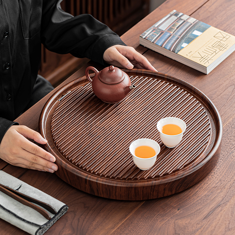 圆形电木纹陶瓷整板茶盘38CM实木简约轻奢家用干泡台茶盘