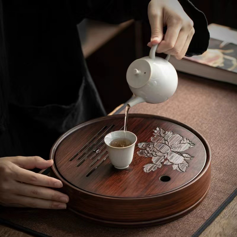 九竹圆形牡丹茶盘25CM新中式干泡台茶盘复古竹制沥水茶道茶托盘
