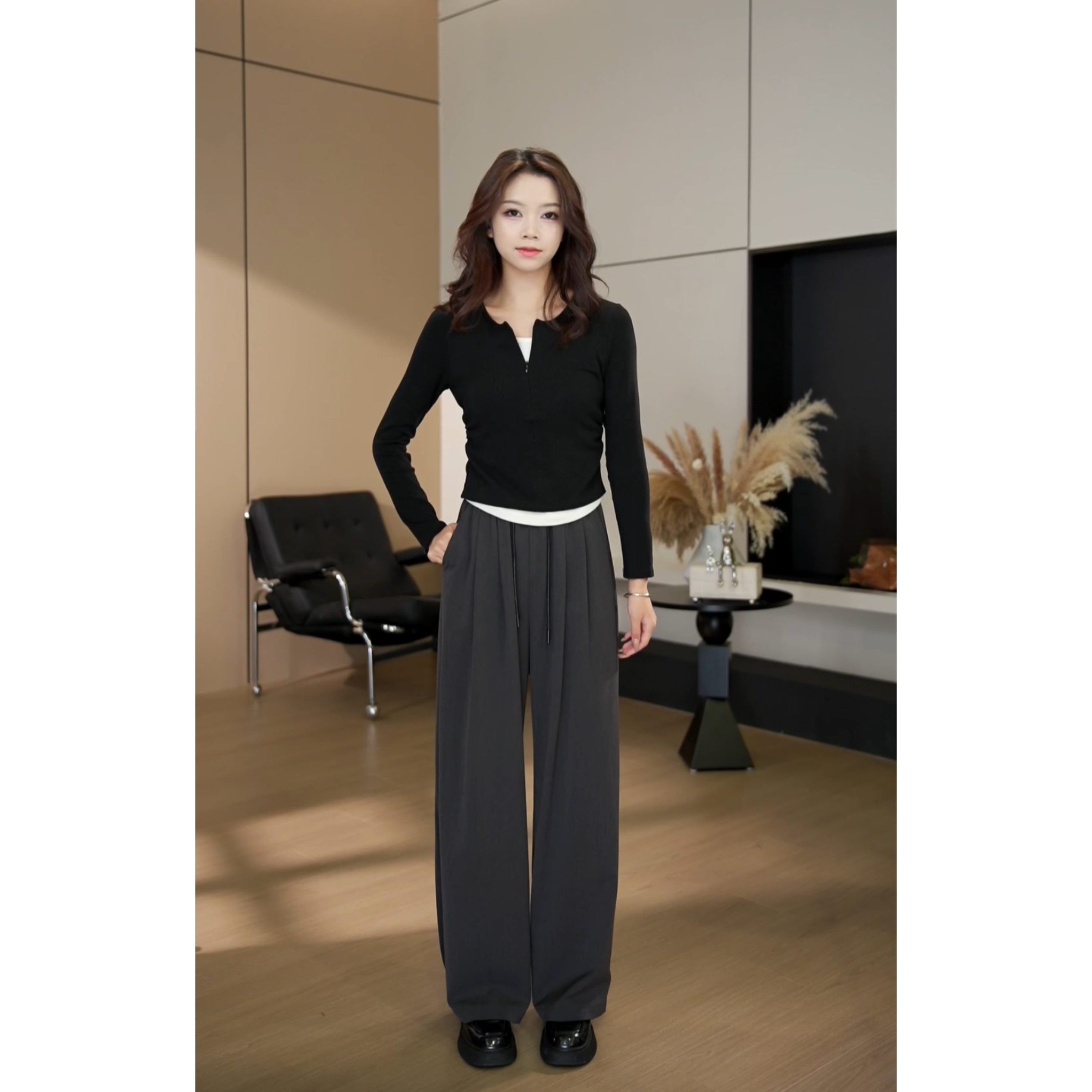 （现货）秋季高腰直筒时尚休闲显瘦垂感拖地休闲裤-YJ6671