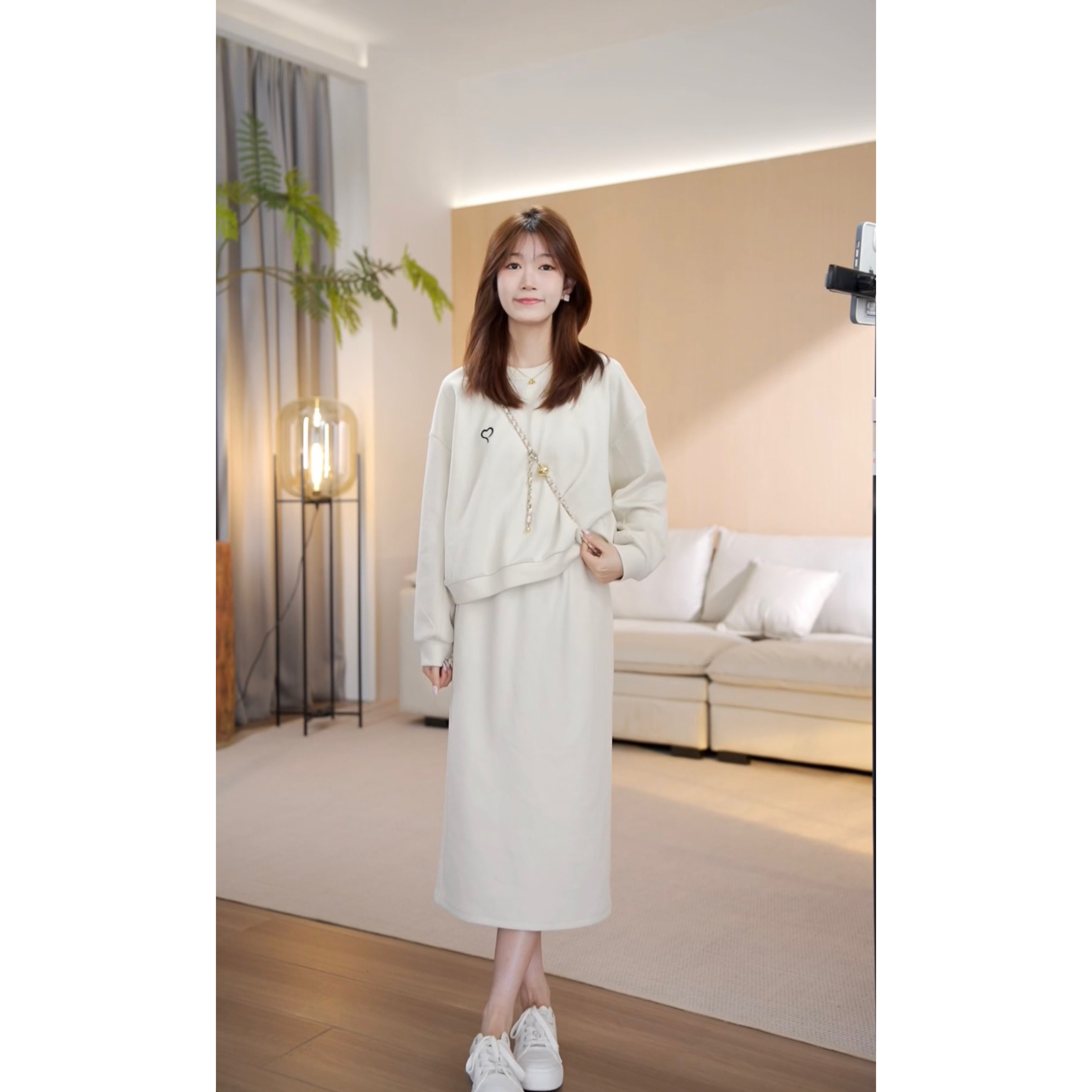 【现货】早秋新款百搭高腰纯色极简韩版卫衣+半身裙-YJ9697