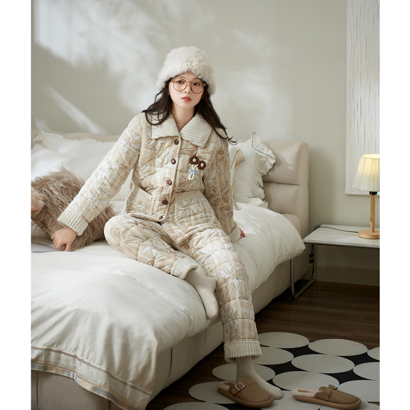 思莉太太【生椰奶咖】新中式国风睡衣女冬三层夹棉加厚外穿家居服